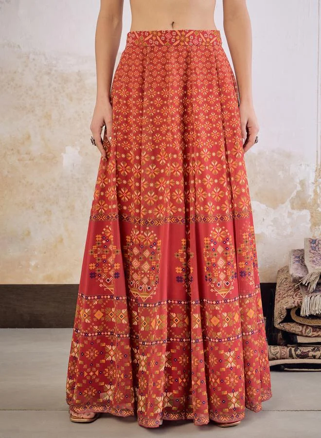 SASSAFRAS Maroon Floral Frill Sleeves Crop Top With Anarkali Skirt